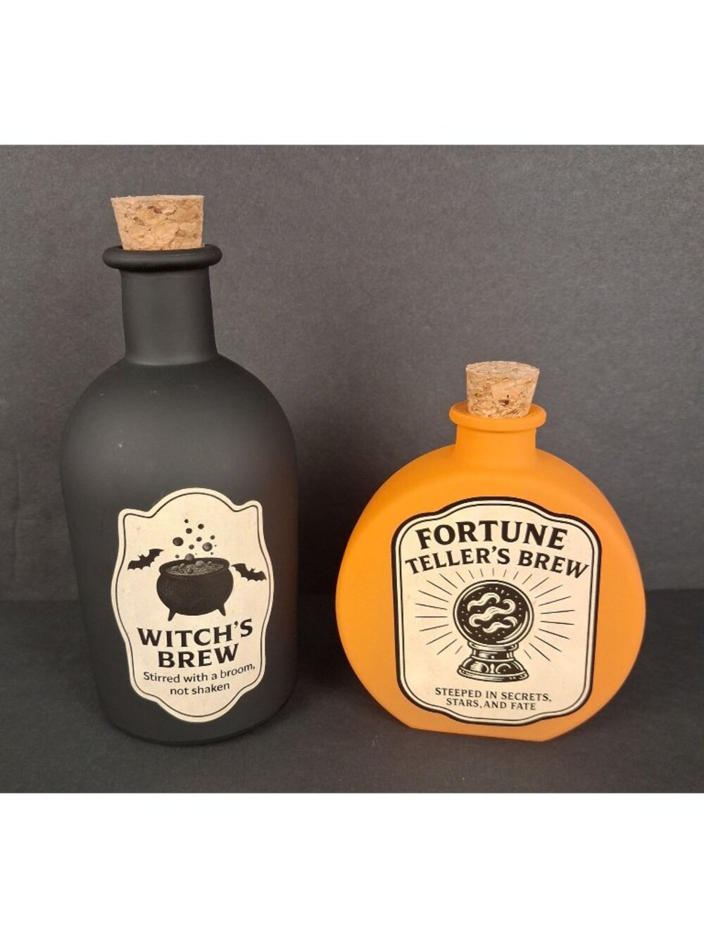 A Pair of Halloween Themed Glass Potion Bottles w/Cork Witch's Brew & Fortune Te
